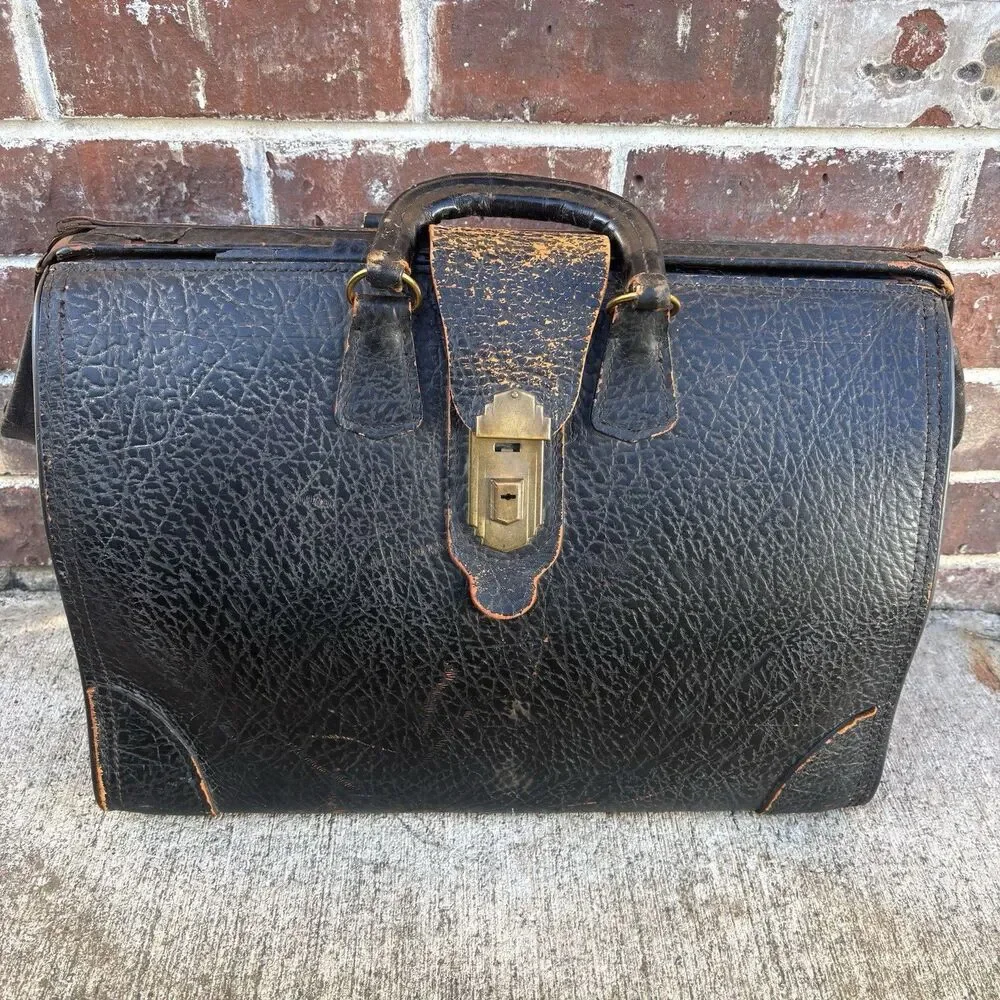 Antique Doctor Bag Physicians Black Pebble Grain Leather Art Deco Brass MCM Vtg
